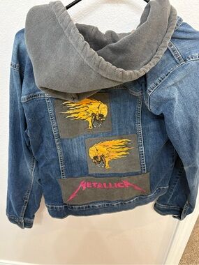 Denim Jean Jacket with Grey Hood and Yellow Graphic Patches